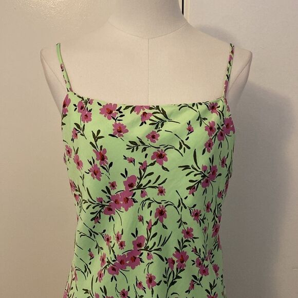 Zara Green and Pink Floral Satin Effect Mini Slip Dress Size L - Picture 5 of 15